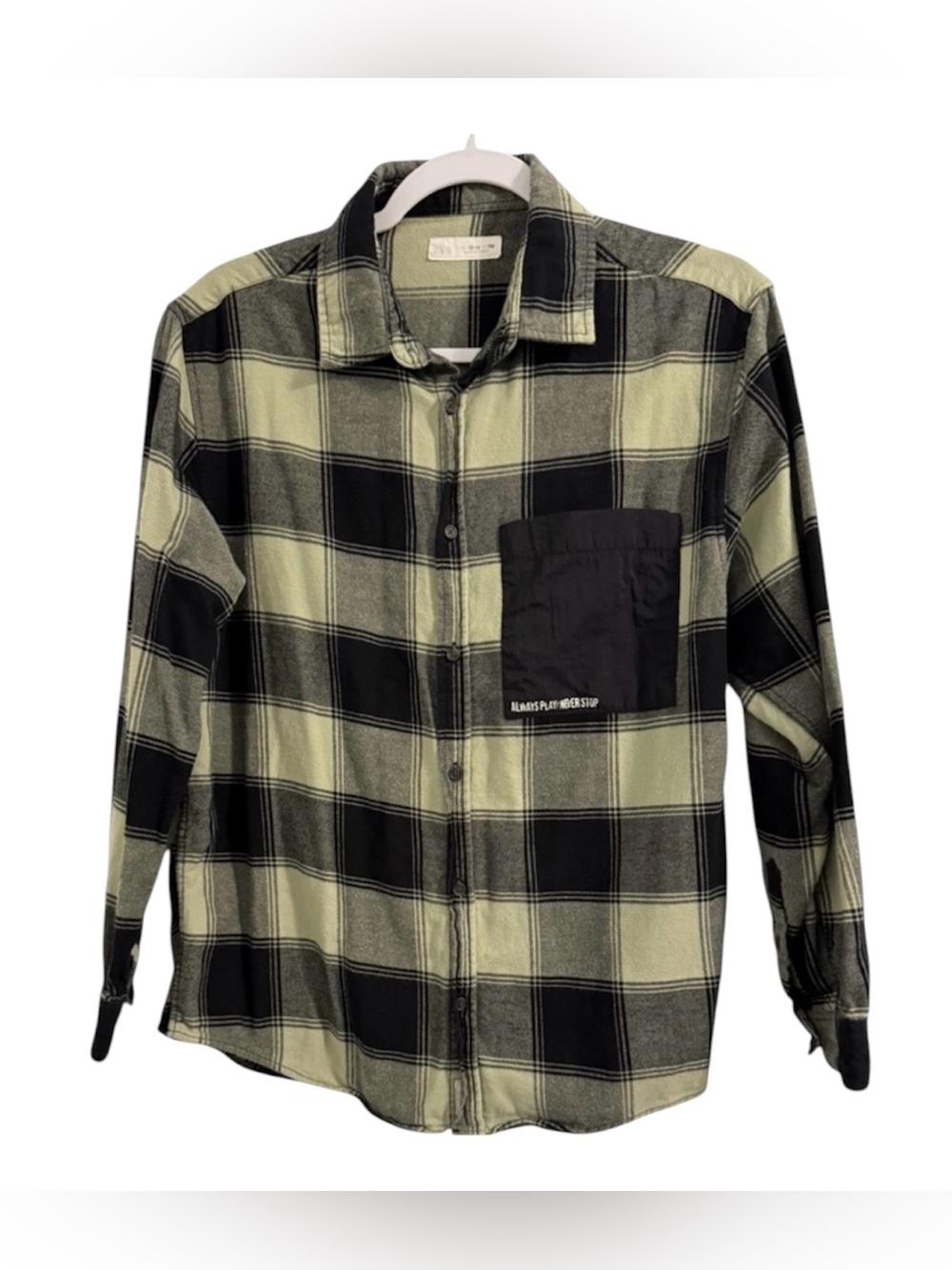 Zara Collect Adventures kids 13/14 button up checkered green and black flannel